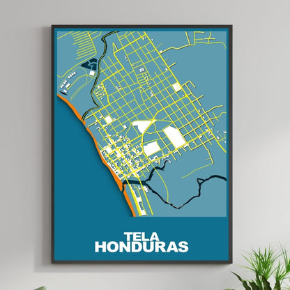 COLOURED ROAD MAP OF TELA, HONDURAS BY MAPBAKES