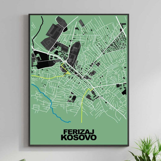 COLOURED ROAD MAP OF FERIZAJ, KOSOVO BY MAPBAKES