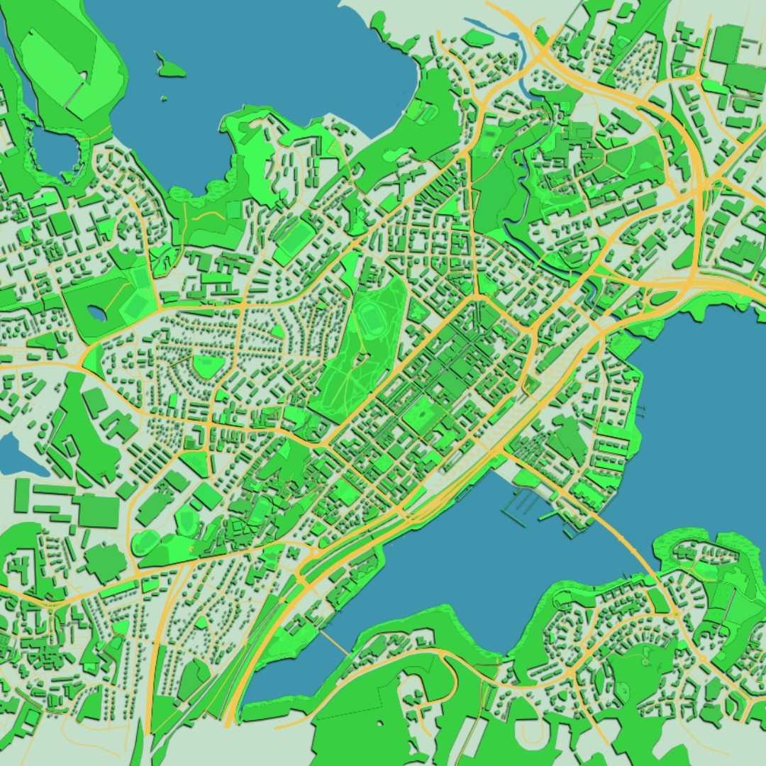 COLOURED ROAD MAP OF JYVASKYLA, FINLAND BY MAPBAKES