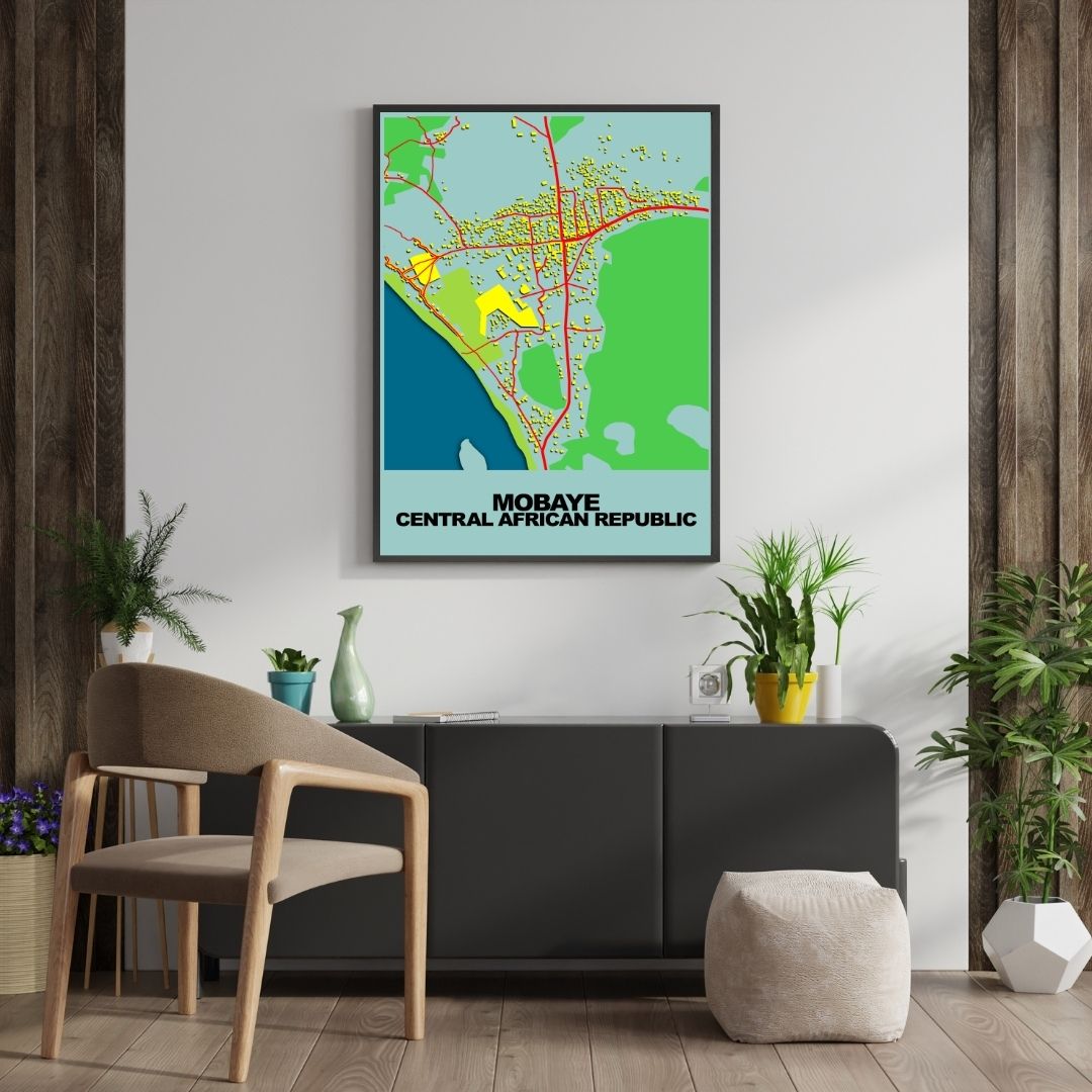 COLOURED ROAD MAP OF MOBAYE, CENTRAL AFRICAN REPUBLIC BY MAPBAKES