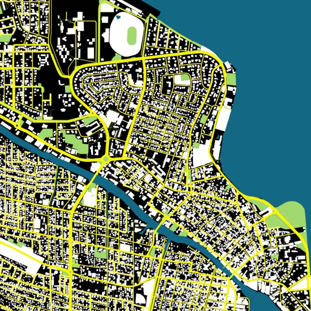 COLOURED ROAD MAP OF BELIZE CITY, BELIZE BY MAPBAKES