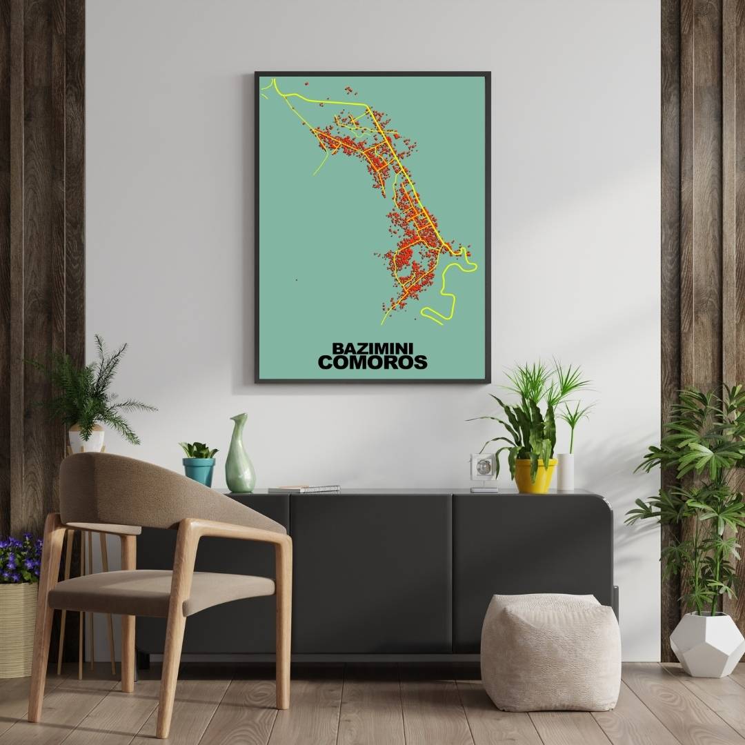COLOURED ROAD MAP OF BAZIMINI, COMOROS BY MAPBAKES