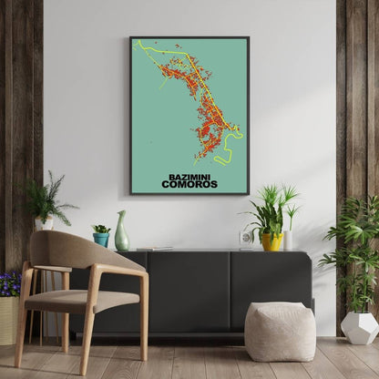 COLOURED ROAD MAP OF BAZIMINI, COMOROS BY MAPBAKES