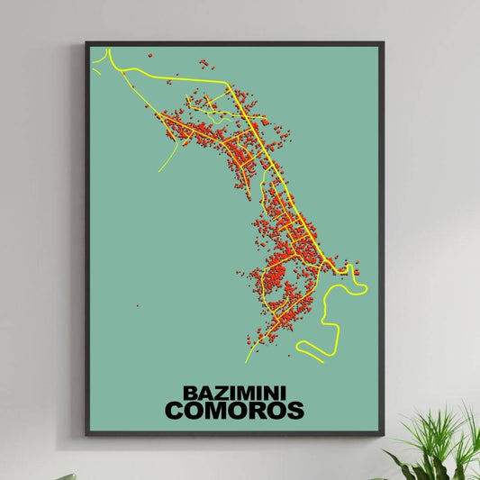 COLOURED ROAD MAP OF BAZIMINI, COMOROS BY MAPBAKES