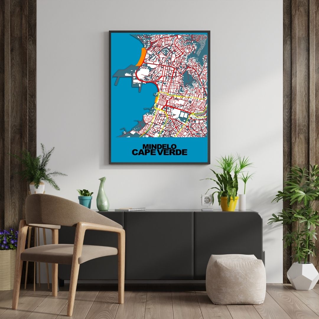 COLOURED ROAD MAP OF MINDELO, CAPE VERDE BY MAPBAKES