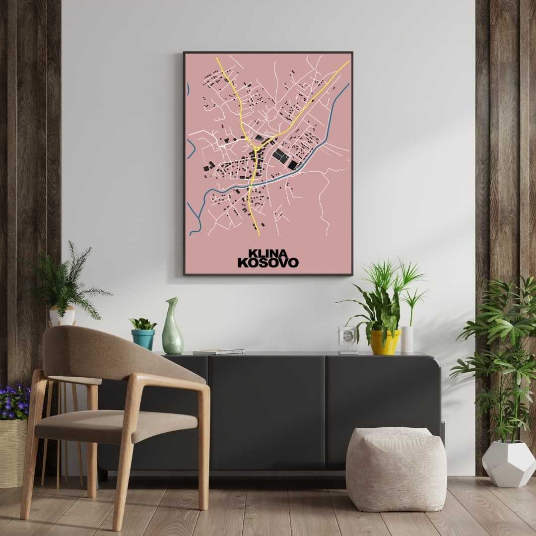 COLOURED ROAD MAP OF KLINA, KOSOVO BY MAPBAKES