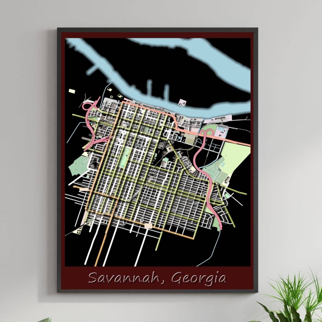 COLOURED ROAD MAP OF SAVANNAH, GEORGIA BY MAPBAKES