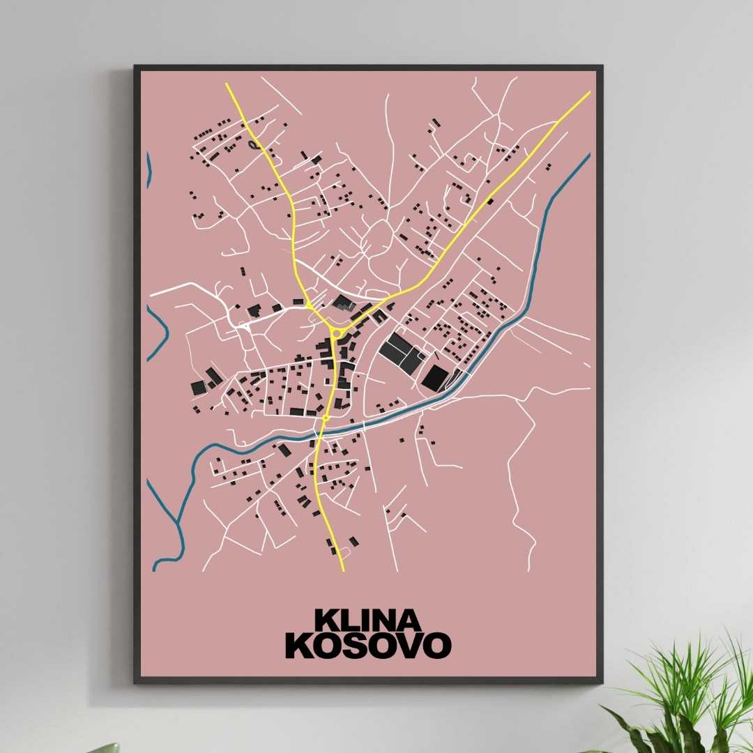 COLOURED ROAD MAP OF KLINA, KOSOVO BY MAPBAKES