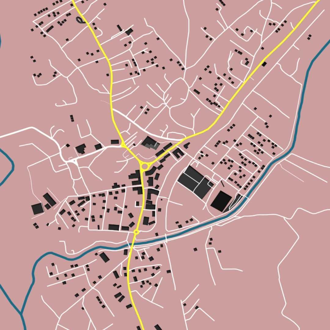 COLOURED ROAD MAP OF KLINA, KOSOVO BY MAPBAKES