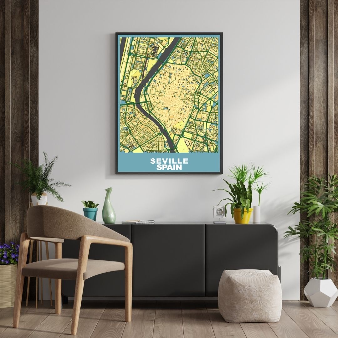 COLOURED ROAD MAP OF SEVILLE, SPAIN BY MAPBAKES