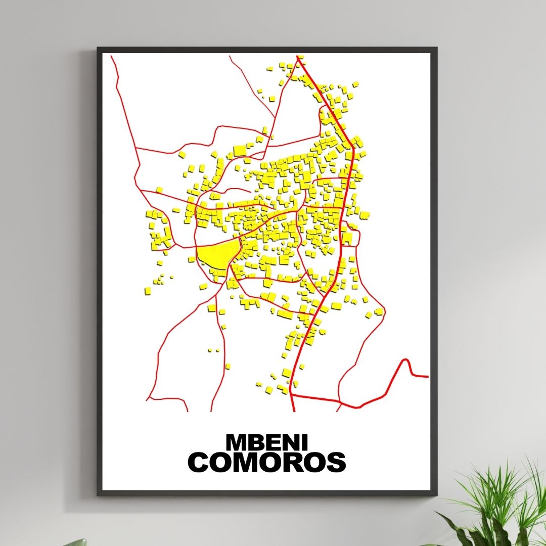 COLOURED ROAD MAP OF MBENI, COMOROS BY MAPBAKES