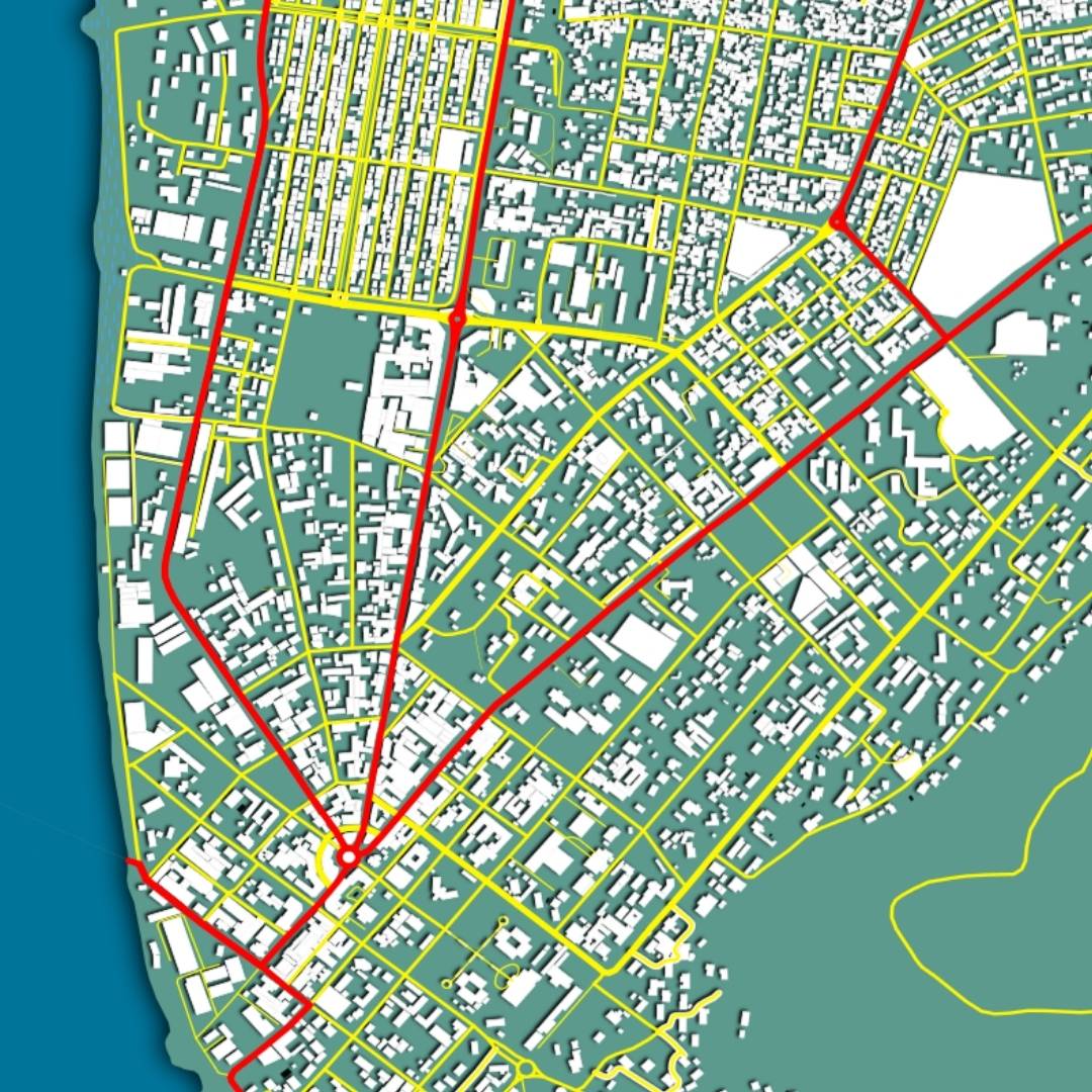 COLOURED ROAD MAP OF BANGUI, CENTRAL AFRICAN REPUBLIC BY MAPBAKES