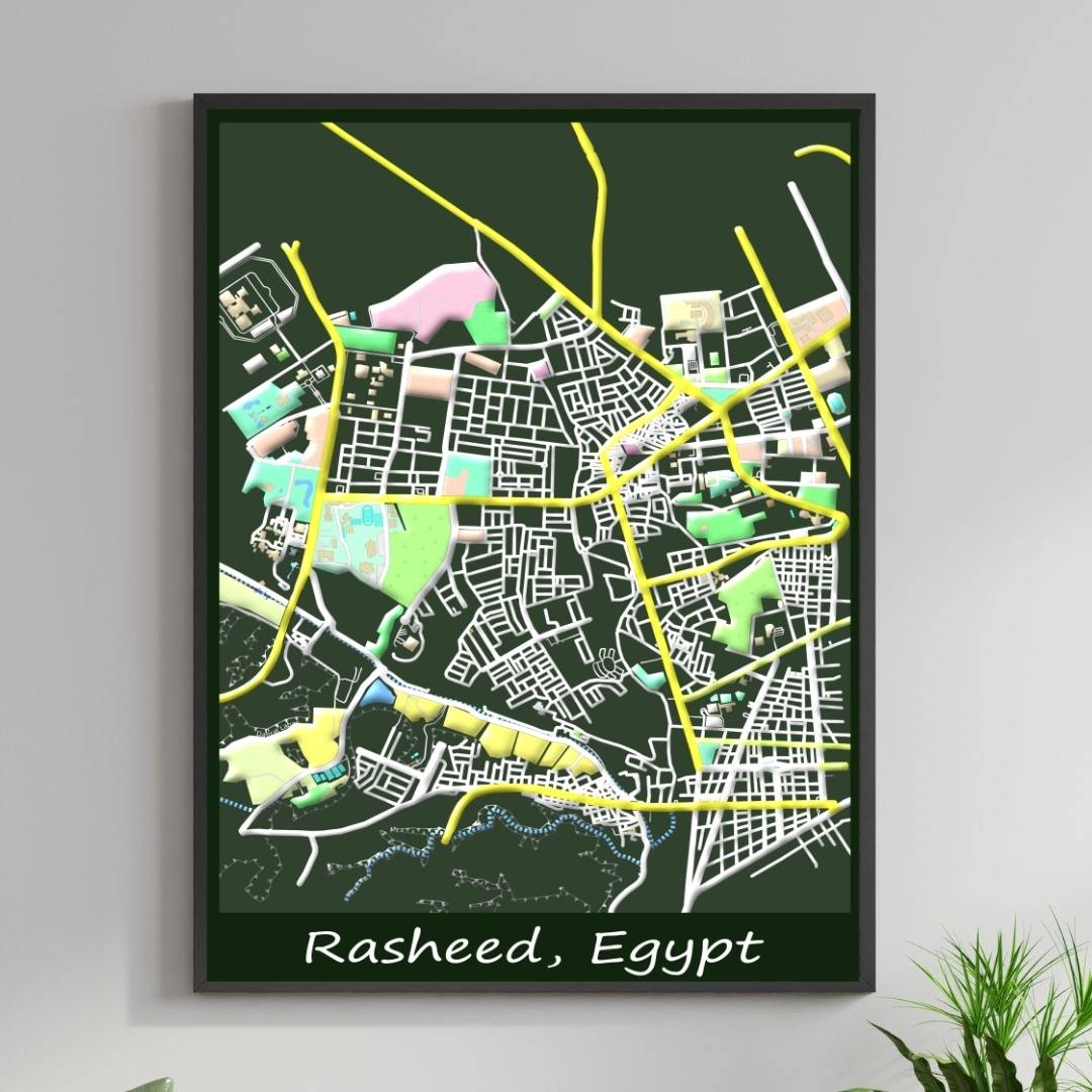COLOURED ROAD MAP OF RASHEED, EGYPT BY MAPBAKES