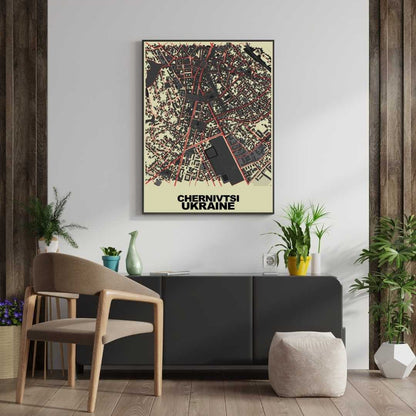 COLOURED ROAD MAP OF CHERNIVTSI, UKRAINE BY MAPBAKES