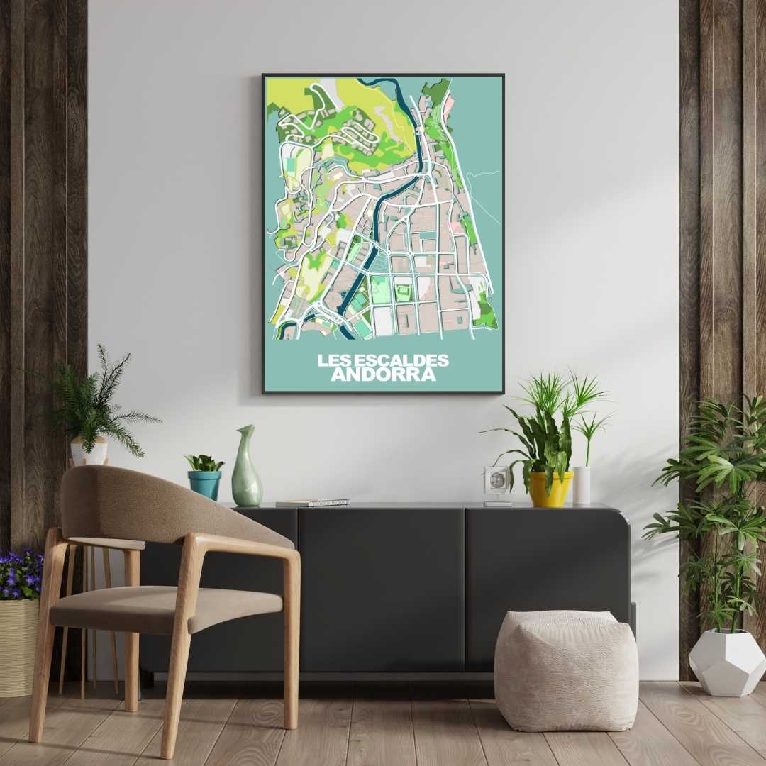 COLOURED ROAD MAP OF LES ESCALDES, ANDORRA BY MAPBAKES