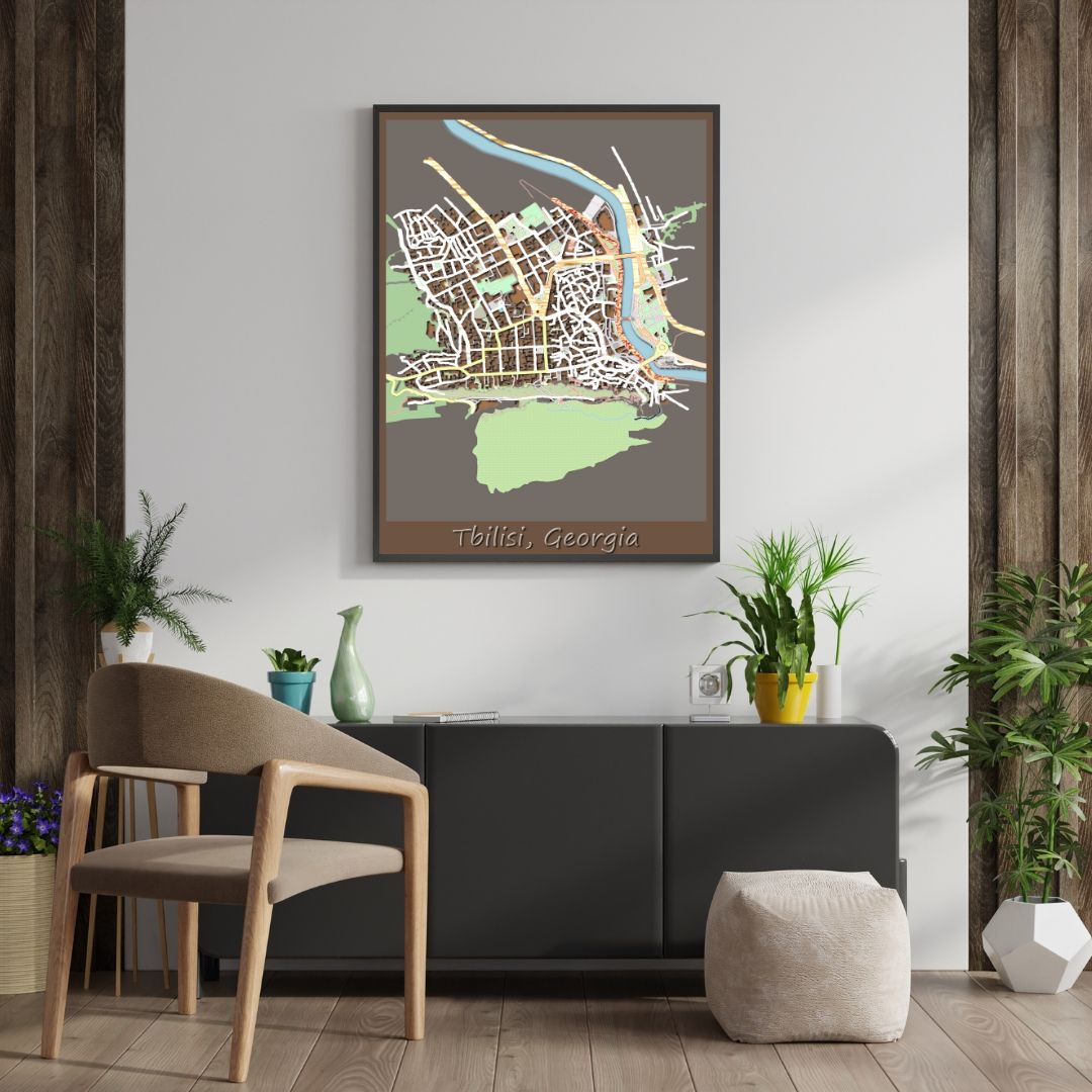 COLOURED ROAD MAP OF TBILISI, GEORGIA BY MAPBAKES