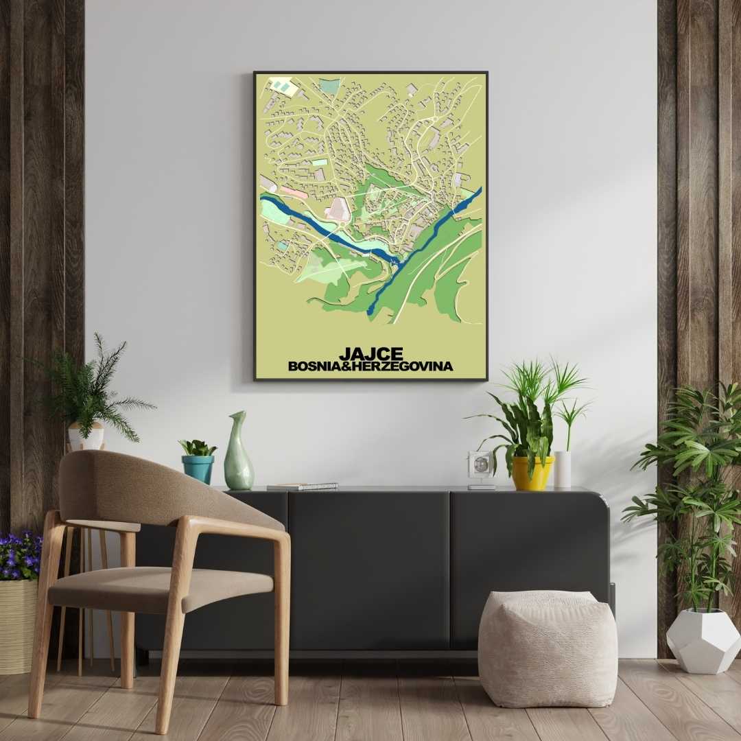 COLOURED ROAD MAP OF JAJCE, BOSNIA & HERZEGOVINA BY MAPBAKES