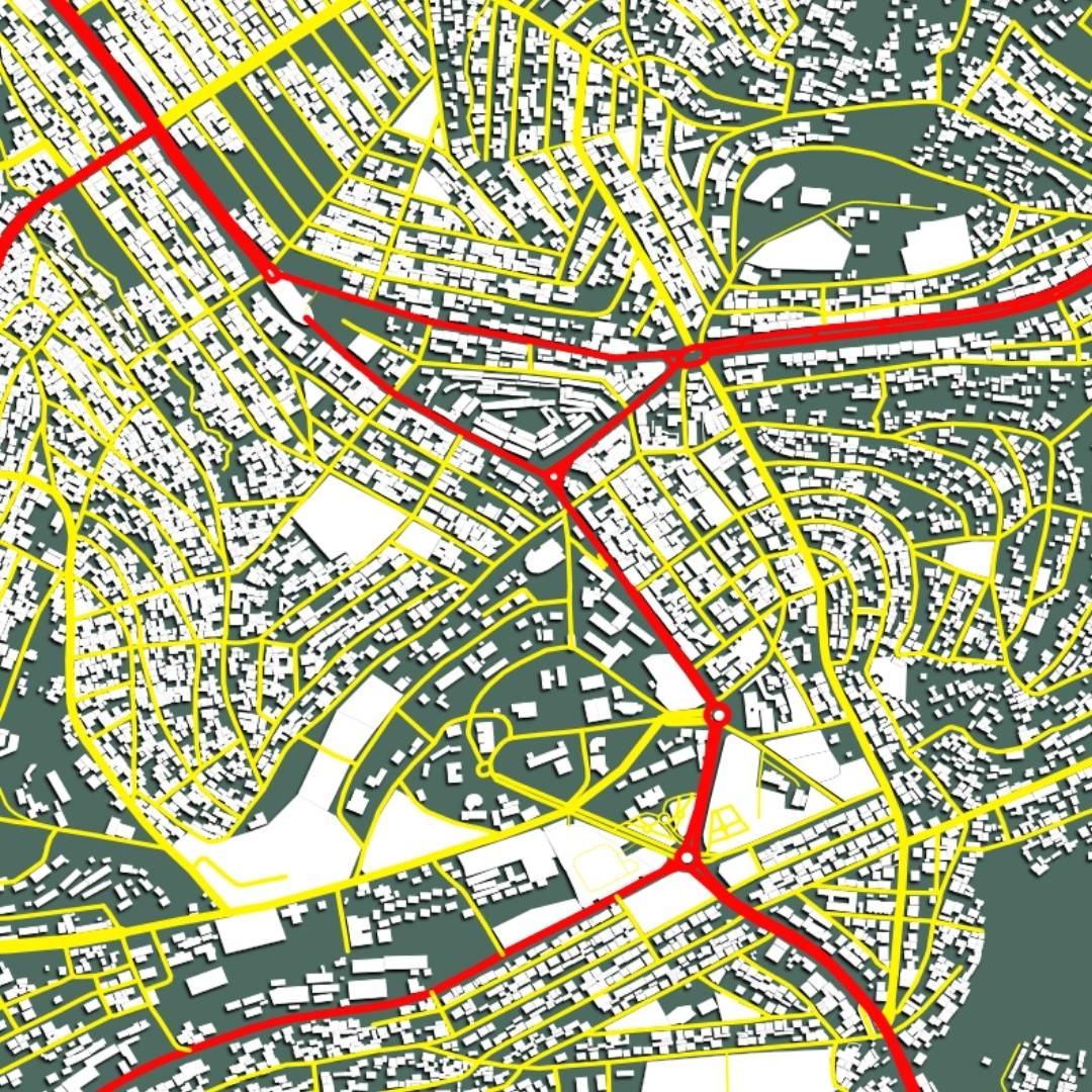 COLOURED ROAD MAP OF BAFOUSSAM, CAMEROON BY MAPBAKES