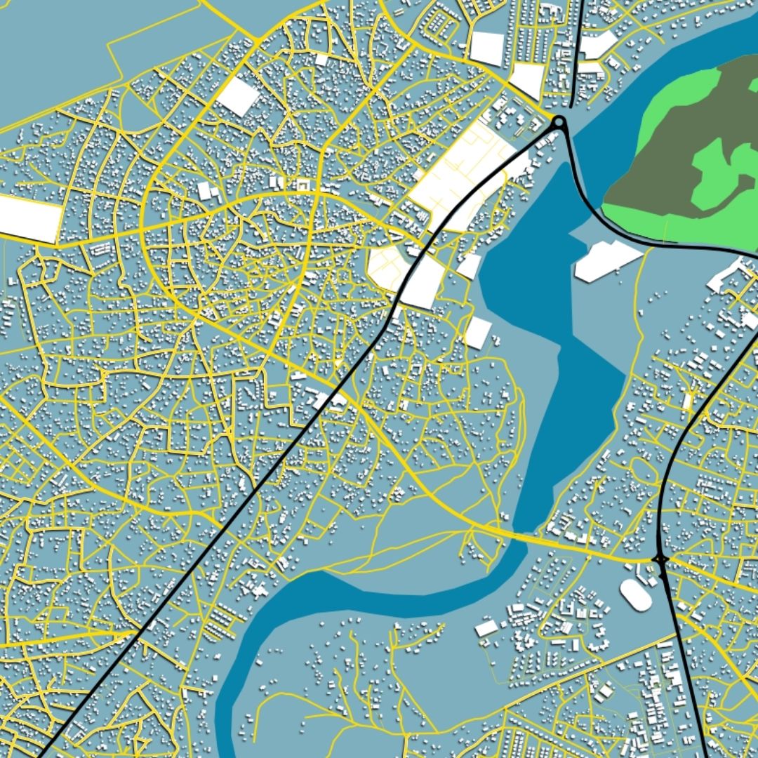 COLOURED ROAD MAP OF MAUN, BOTSWANA BY MAPBAKES