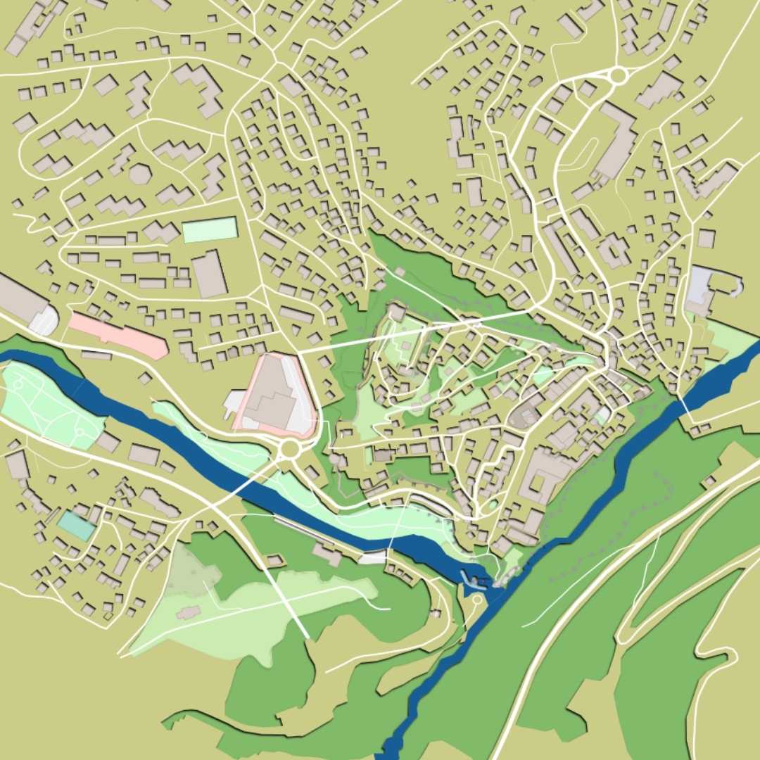 COLOURED ROAD MAP OF JAJCE, BOSNIA & HERZEGOVINA BY MAPBAKES