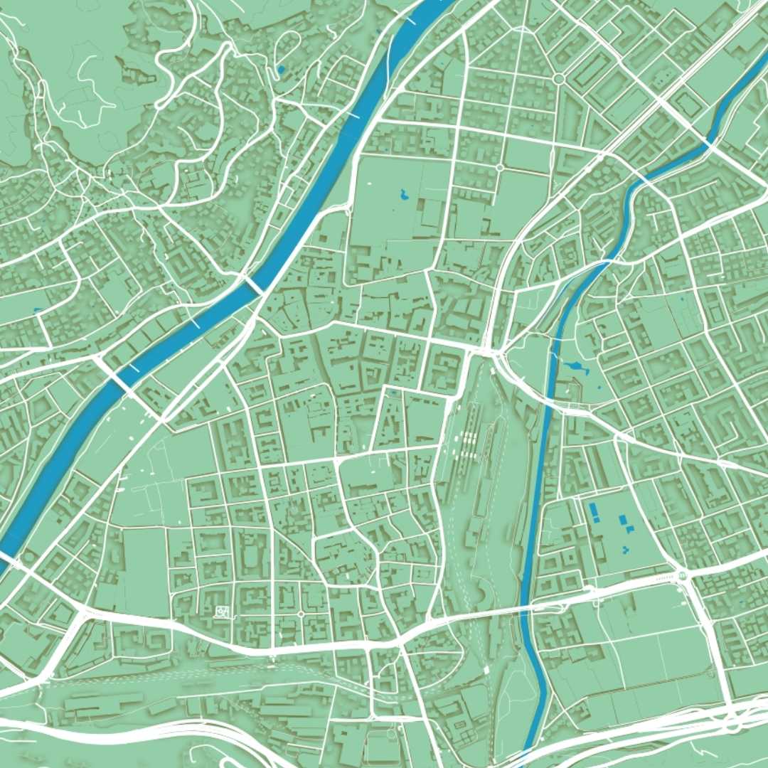 COLOURED ROAD MAP OF INNSBRUCK, AUSTRIA BY MAPBAKES