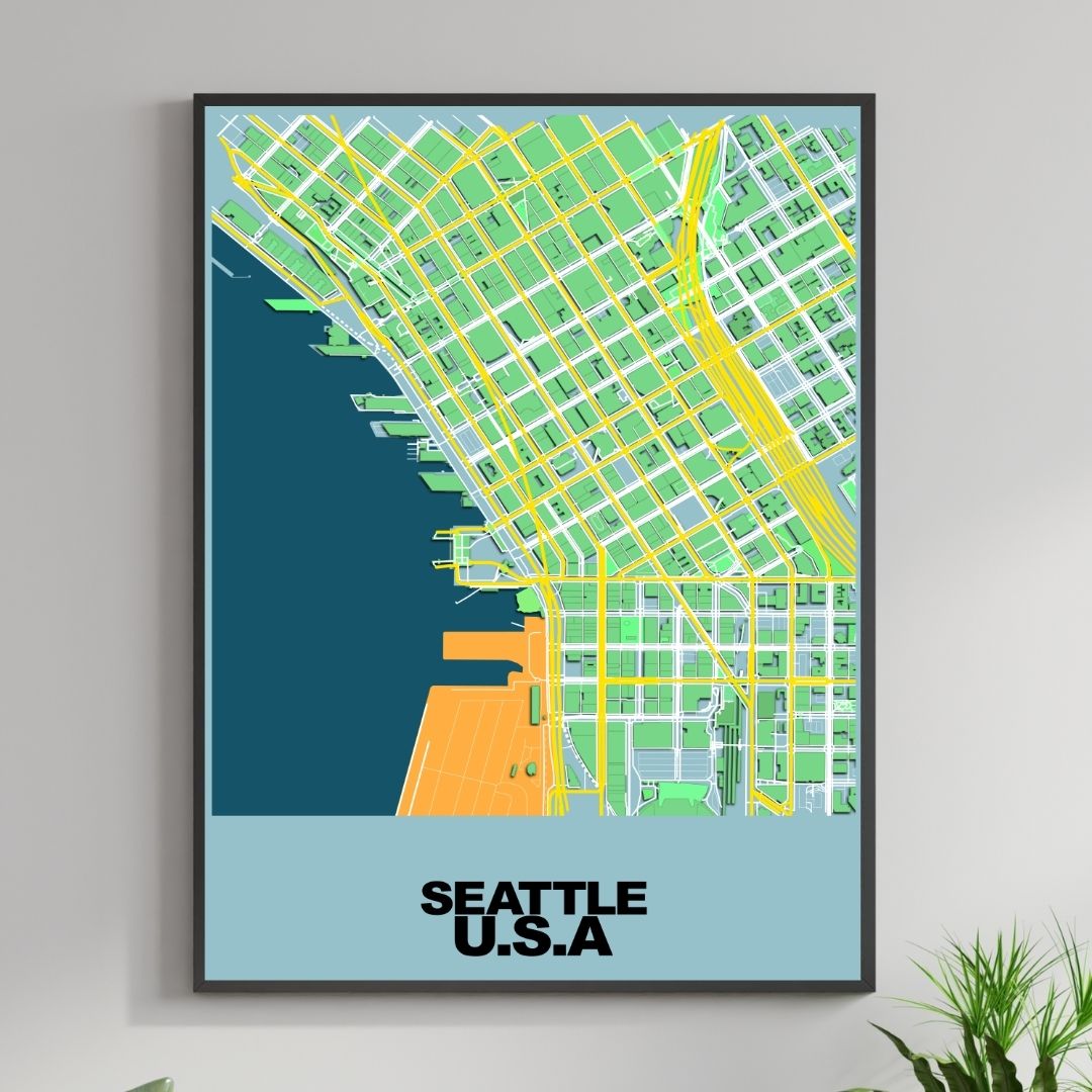 COLOURED ROAD MAP OF SEATTLE, USA BY MAPBAKES