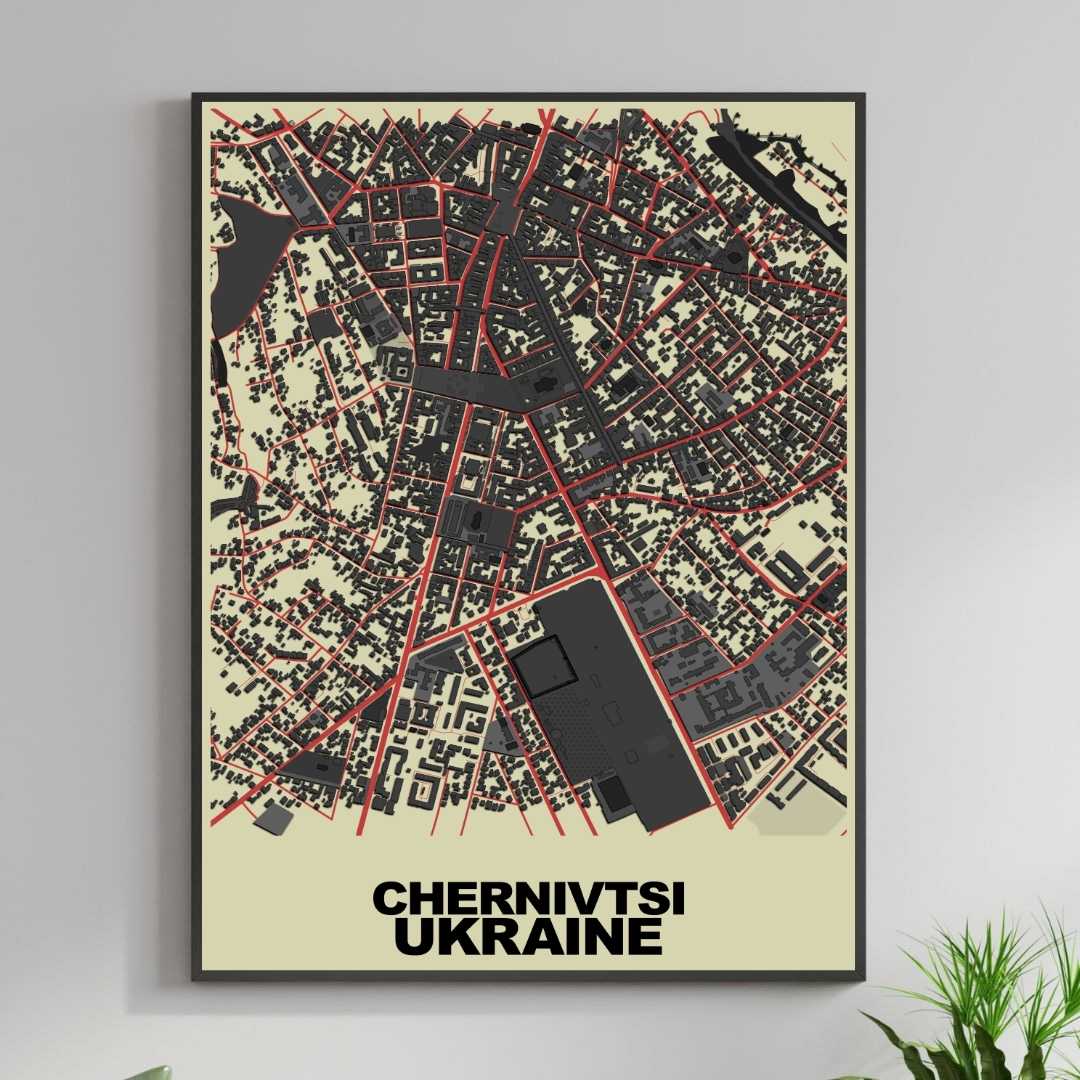 COLOURED ROAD MAP OF CHERNIVTSI, UKRAINE BY MAPBAKES