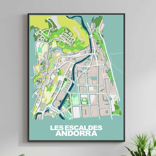 COLOURED ROAD MAP OF LES ESCALDES, ANDORRA BY MAPBAKES