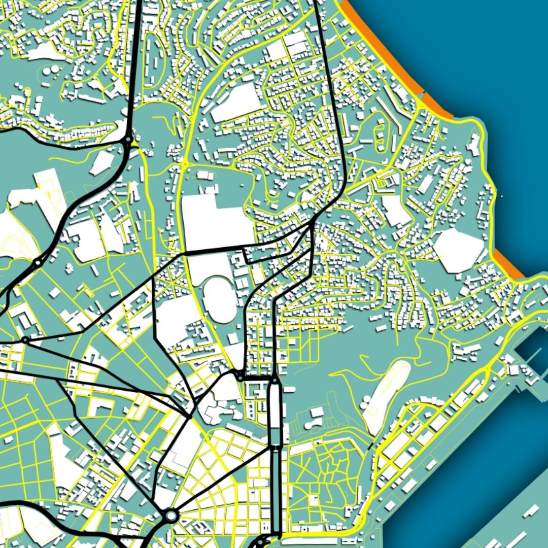 COLOURED ROAD MAP OF ANNABA, ALGERIA BY MAPBAKES