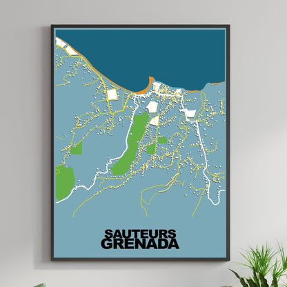 COLOURED ROAD MAP OF SAUTEURS, GRENADA BY MAPBAKES