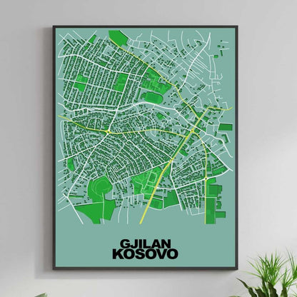 COLOURED ROAD MAP OF GJILAN, KOSOVO BY MAPBAKES