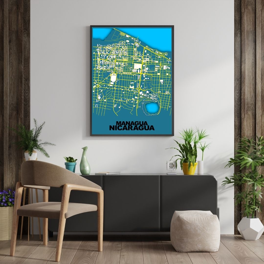COLOURED ROAD MAP OF MANAGUA, NICARAGUA BY MAPBAKES