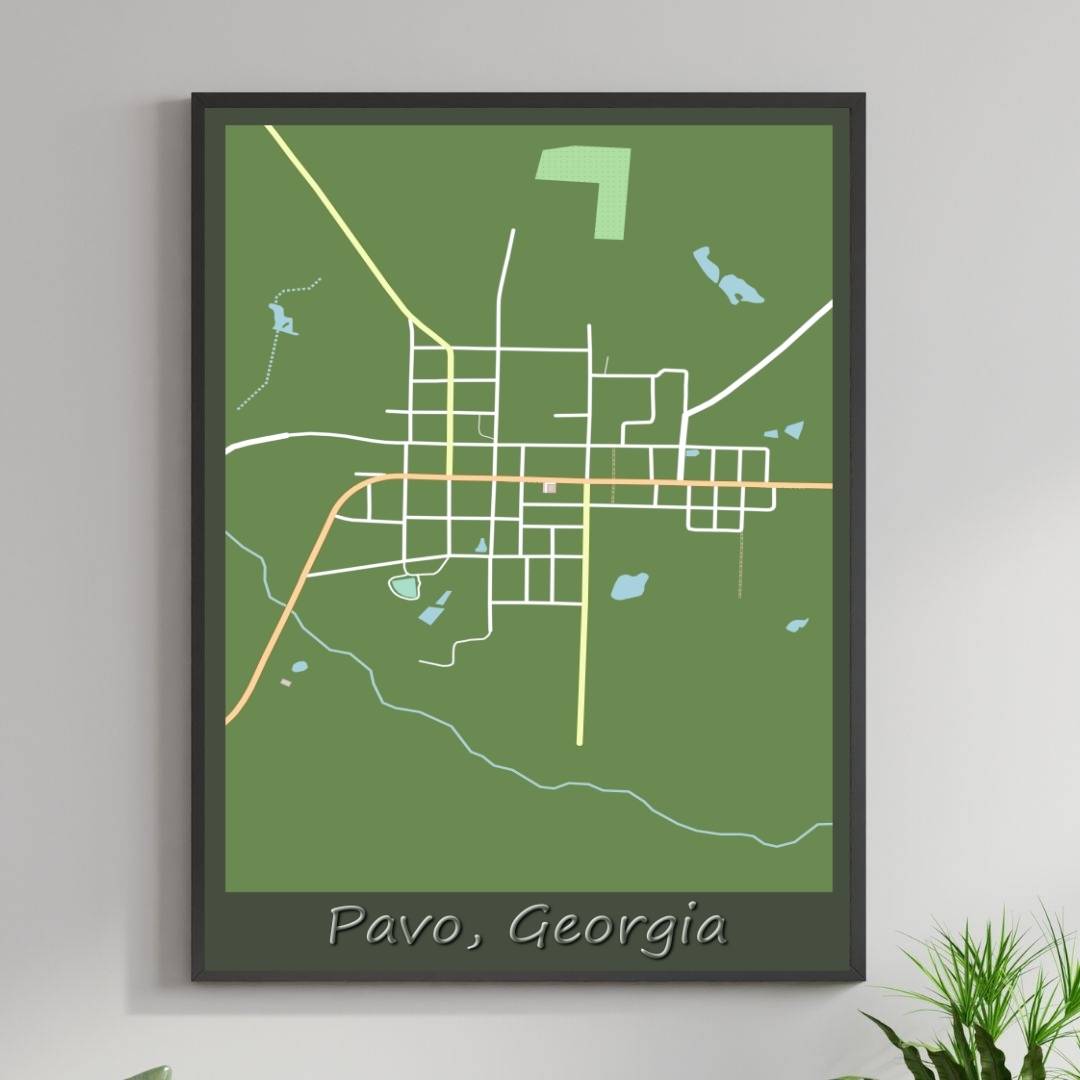 COLOURED ROAD MAP OF PAVO, GEORGIA BY MAPBAKES