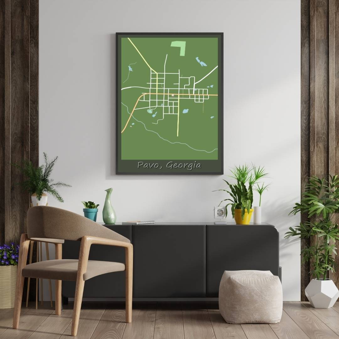 COLOURED ROAD MAP OF PAVO, GEORGIA BY MAPBAKES