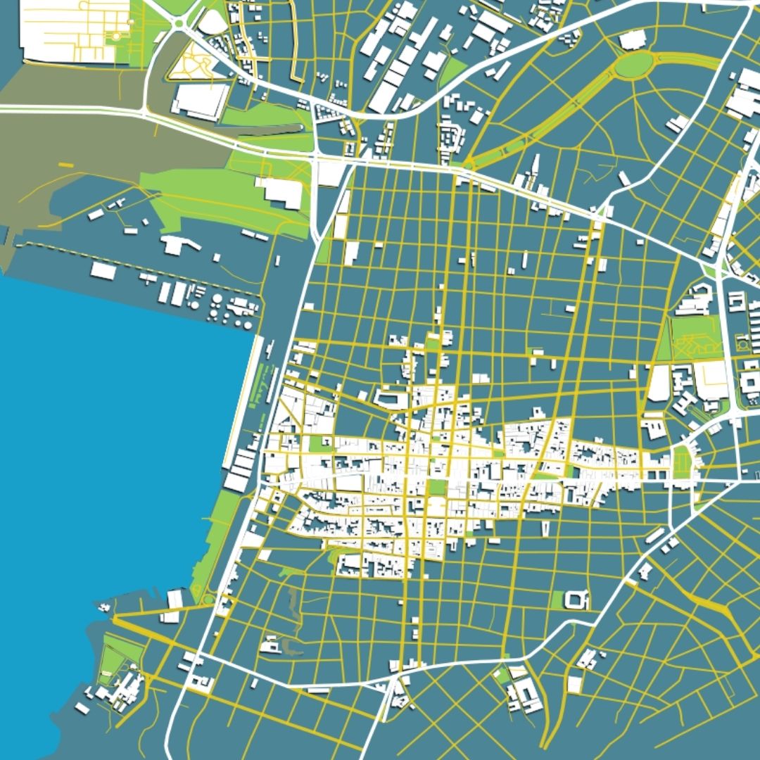 COLOURED ROAD MAP OF SANTIAGO DE CUBA, CUBA BY MAPBAKES