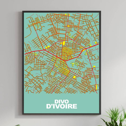 COLOURED ROAD MAP OF DIVO, CÃ”TE D'IVOIRE BY MAPBAKES