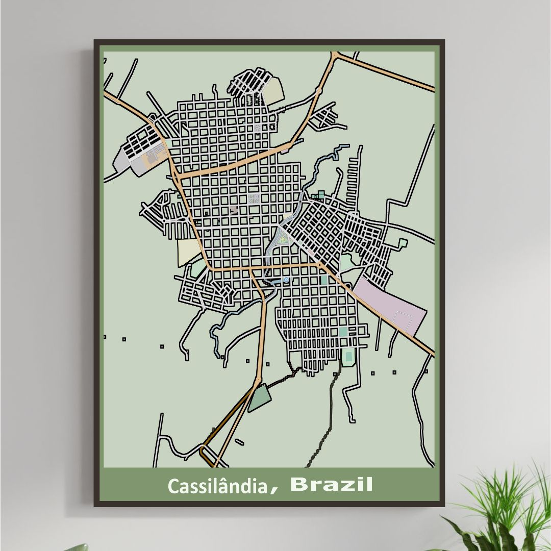 COLOURED ROAD MAP OF CASSILANDIA, BRAZIL BY MAPBAKES