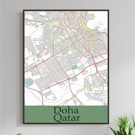COLOURED ROAD MAP OF DOHA, QATAR BY MAPBAKES
