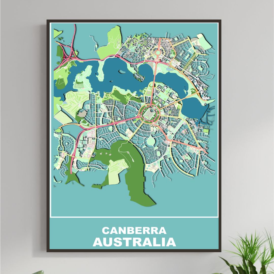 COLOURED ROAD MAP OF CANBERRA, AUSTRALIA BY MAPBAKES