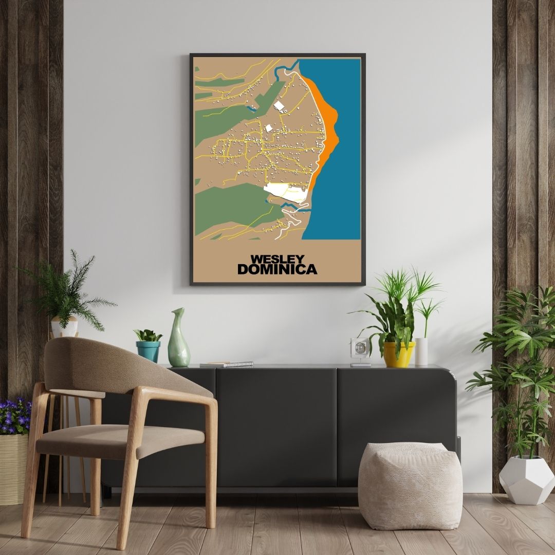 COLOURED ROAD MAP OF WESLEY, DOMINICA BY MAPBAKES