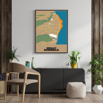 COLOURED ROAD MAP OF WESLEY, DOMINICA BY MAPBAKES