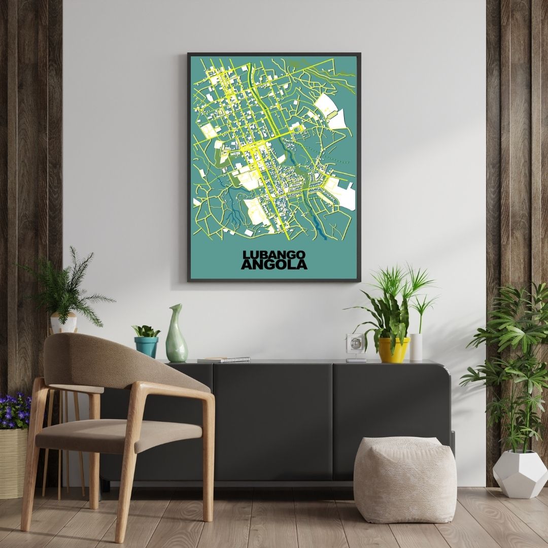 COLOURED ROAD MAP OF LUBANGO, ANGOLA BY MAPBAKES