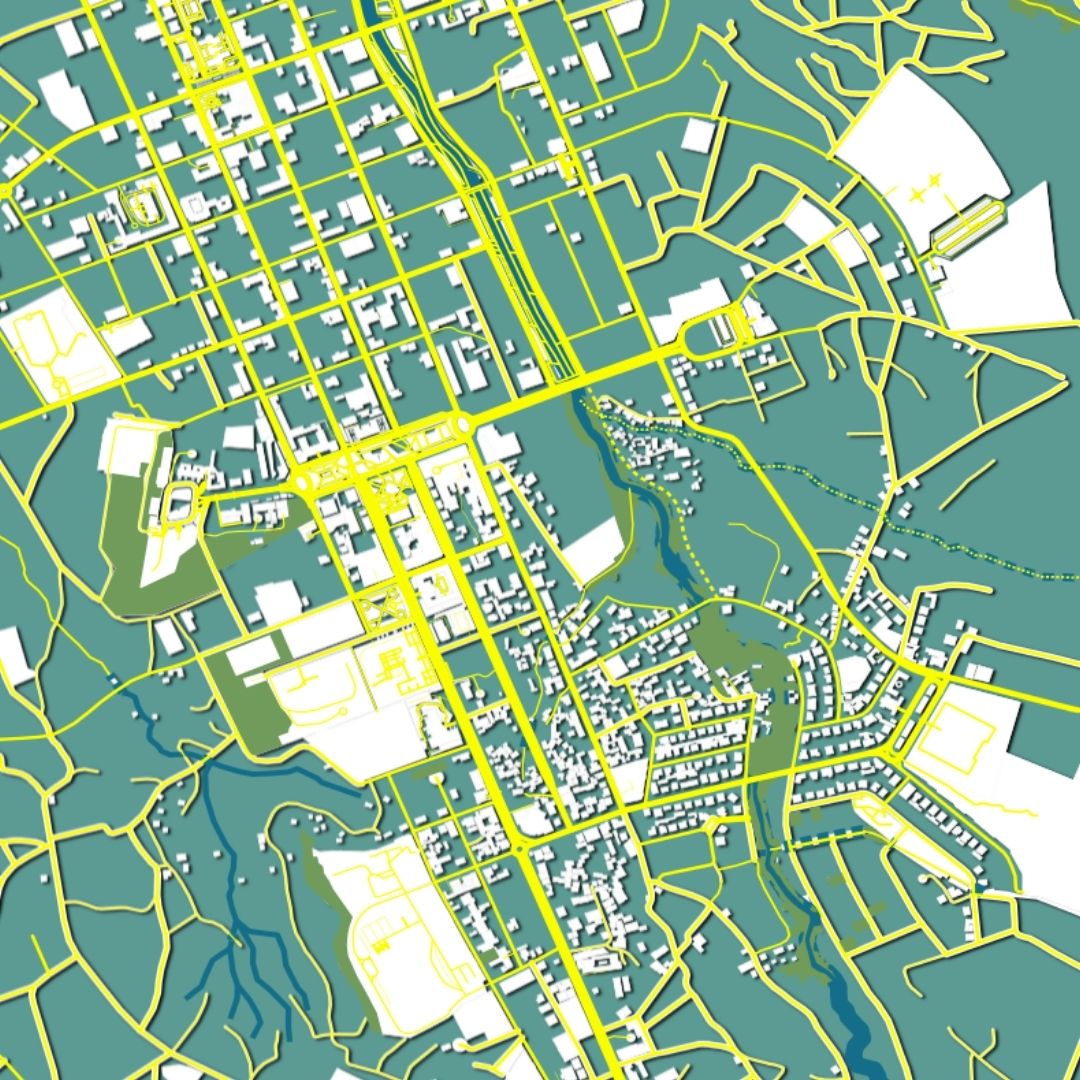 COLOURED ROAD MAP OF LUBANGO, ANGOLA BY MAPBAKES