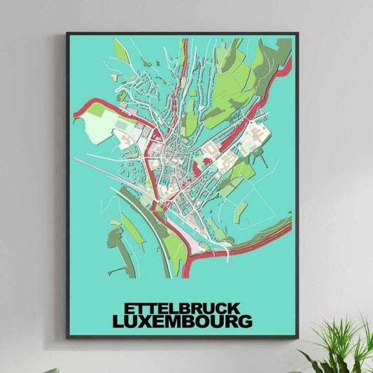 COLOURED ROAD MAP OF ETTELBRUCK, LUXEMBOURG BY MAPBAKES