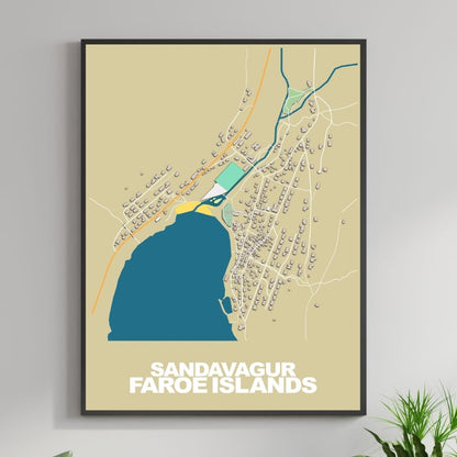 COLOURED ROAD MAP OF SANDAVAGUR, FAROE ISLANDS BY MAPBAKES