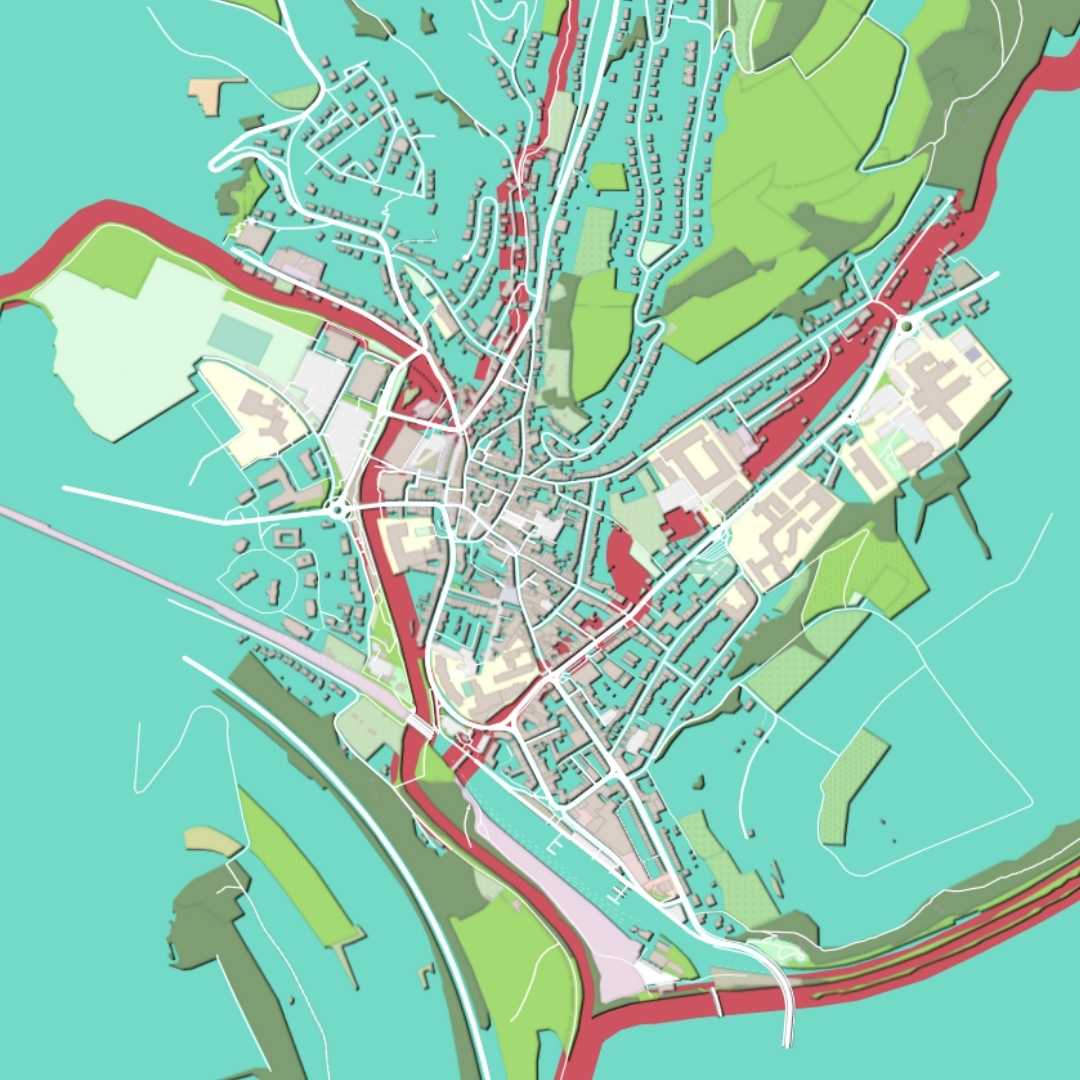 COLOURED ROAD MAP OF ETTELBRUCK, LUXEMBOURG BY MAPBAKES