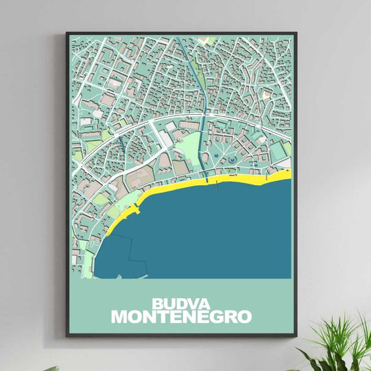 COLOURED ROAD MAP OF BUDVA, MONTENEGRO BY MAPBAKES