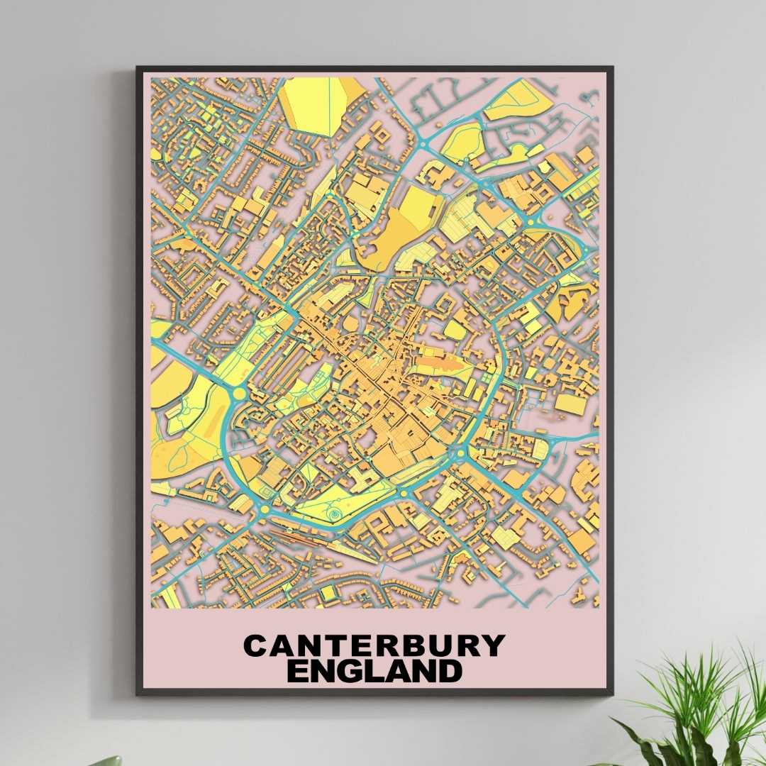 COLOURED ROAD MAP OF CANTERBURY, ENGLAND BY MAPBAKES