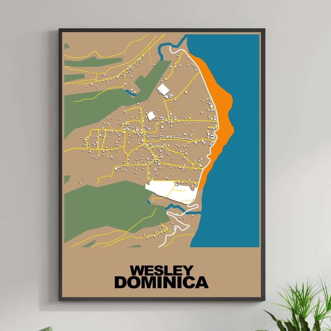 COLOURED ROAD MAP OF WESLEY, DOMINICA BY MAPBAKES
