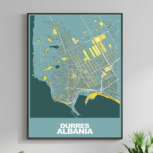COLOURED ROAD MAP OF DURRES, ALBANIA BY MAPBAKES